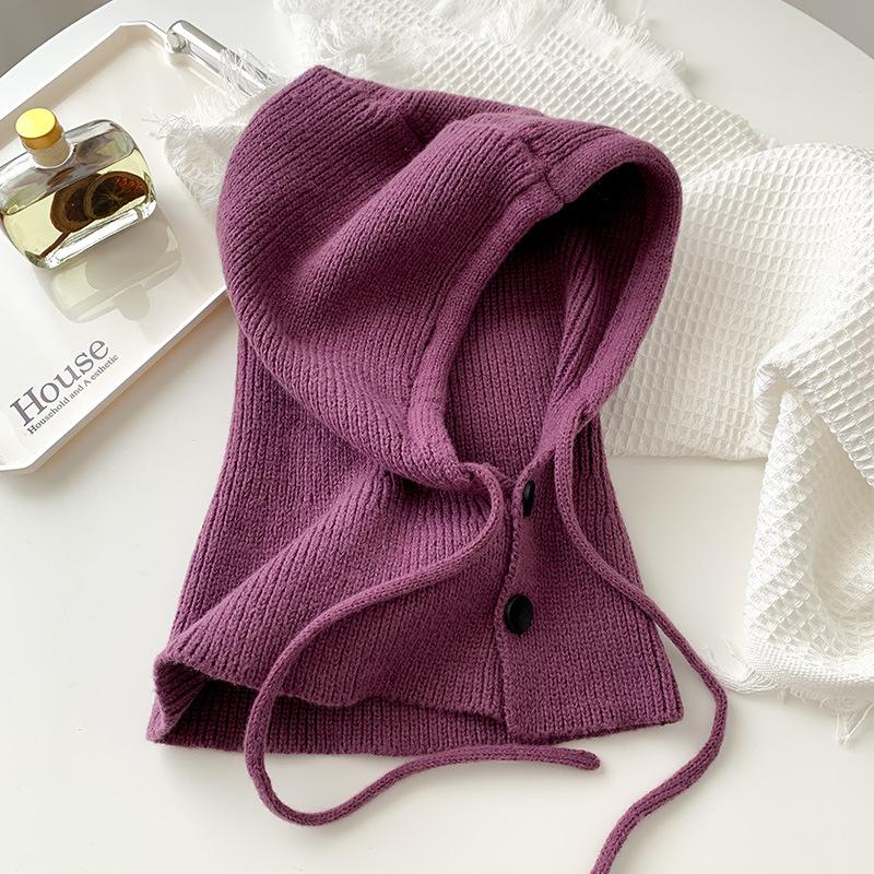Korean balaclava hat for women, winter warm hat with integrated neck warmer, couple's style, ear protection, knitted wool hat