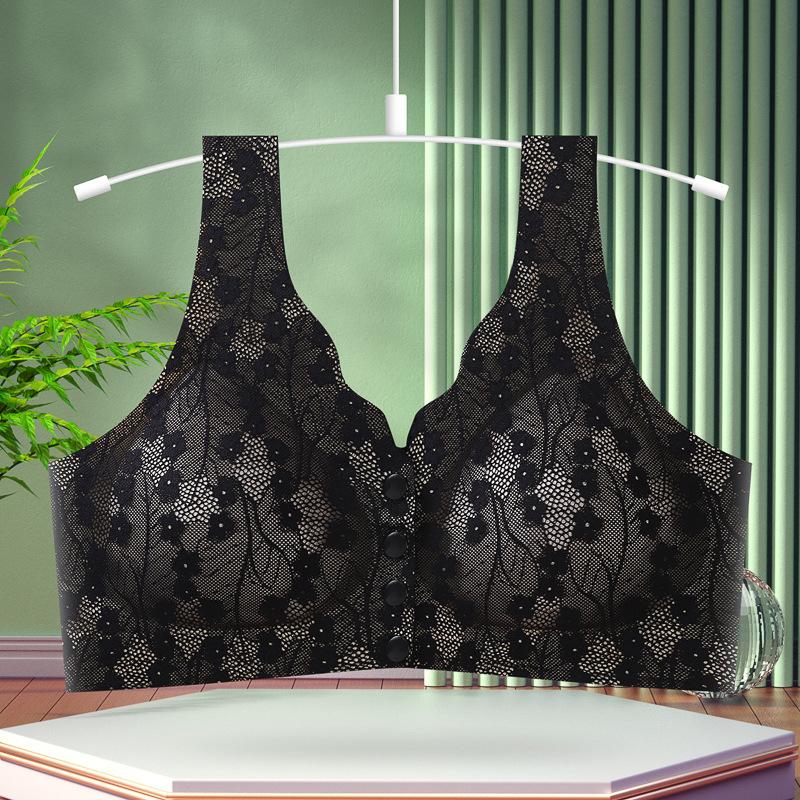

Green Floral Lace Wireless Bra with Front Button Closure and Wide Comfort Straps M чёрный