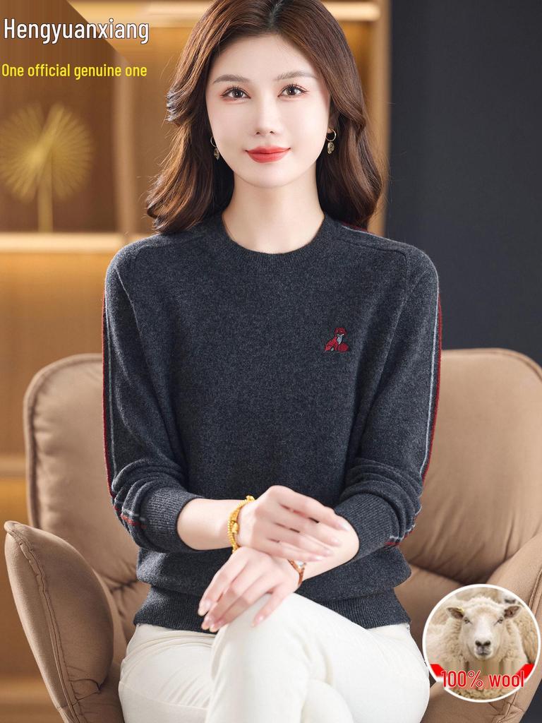 Hengyuanxiang 2025 Women's 100% Pure Wool Round Neck Sweater - Versatile Knit Top for Outerwear or Innerwear