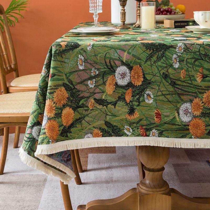 

Vintage Green Romantic Dining Table Fabric Rectangular Jacquard Coffee Table Tablecloth American Pastoral Atmosphere Decorative Cover Cloth Green Field-Orange Flowers-Tablecloth 100*160cm