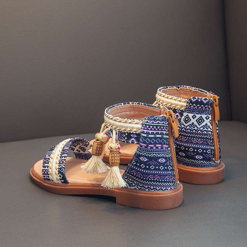 Children's Roman shoes Girls' sandals Summer 2025 New middle-aged and older children's Korean version soft-soled ethnic style retro princess shoes