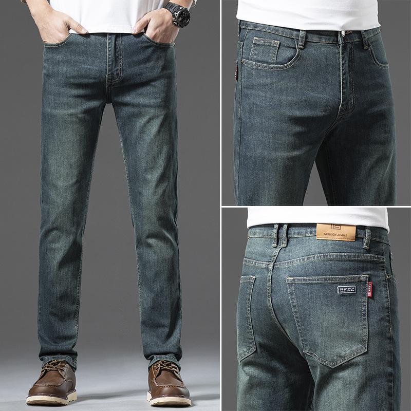 

Spring And Autumn New Style Mid-High Waist Retro Color Stretch Men s Jeans Men s Slim Straight Versatile Trendy Brand 36 армія зелений колір