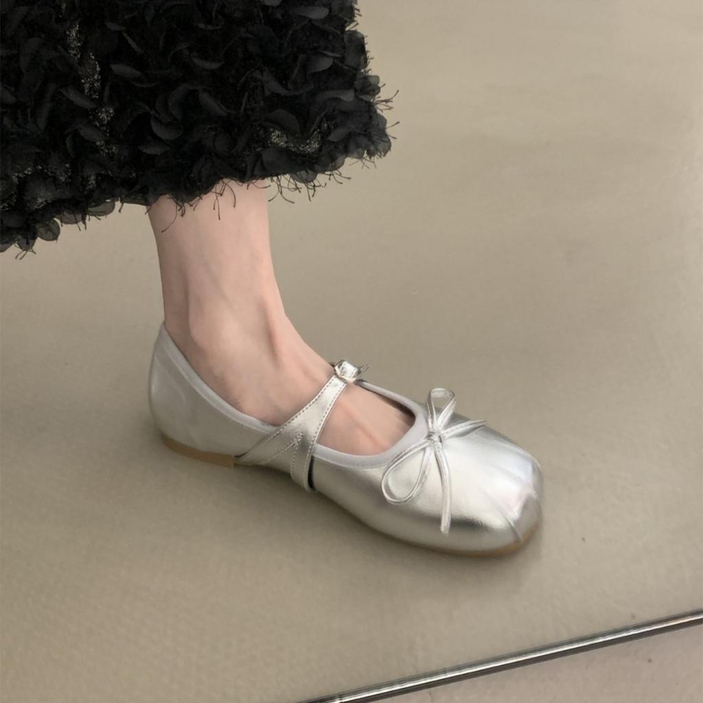 Silver Mary Jane Women's Shoes 2025 New Summer French Single Shoes Flat Bottom Beautiful with Skirt Ballet Small Leather Shoes