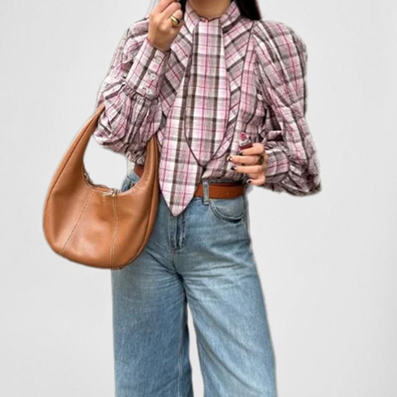 Dámské jarní temperamentní elegantní módní tričko s kulatým výstřihem, dlouhým rukávem a kostkovanou vázankou