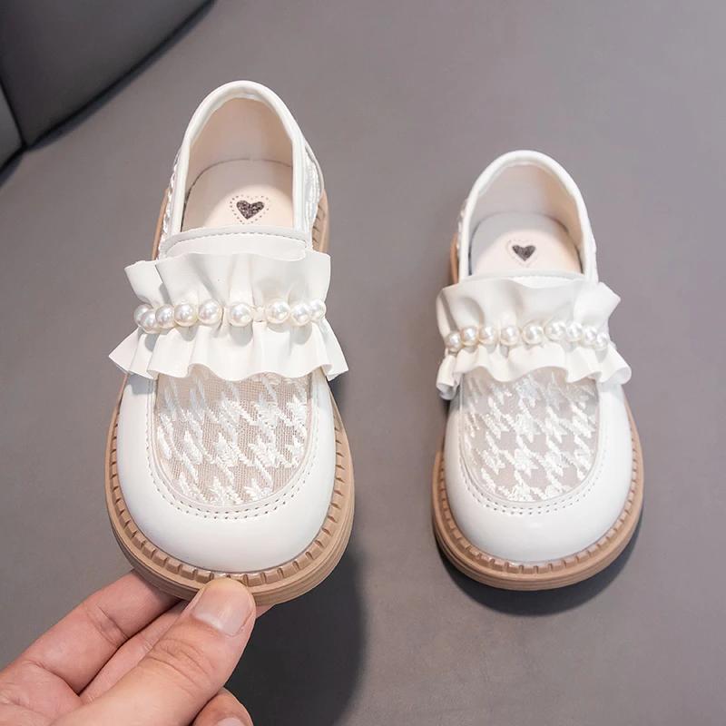 Girls Princess Shoes Mesh Pleated Pearls Fashion Kids Leather Shoes for For Party Wedding Children Loafers Slip-on Simple Cute