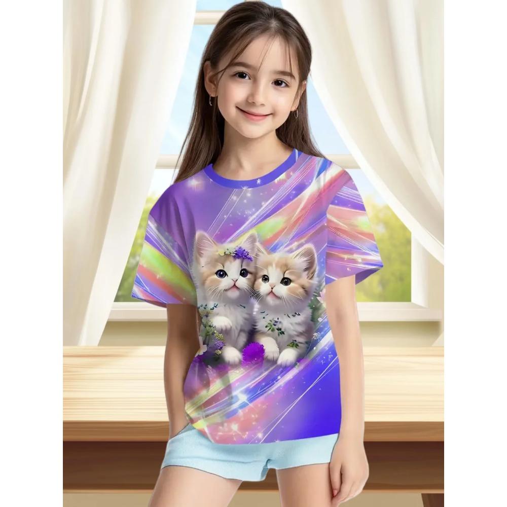 

Funny Cat Pattern Children s 3D Digital Printing Fashion Casual Girl Round Neck Short Sleeved T-shirt 170 фиолетовый
