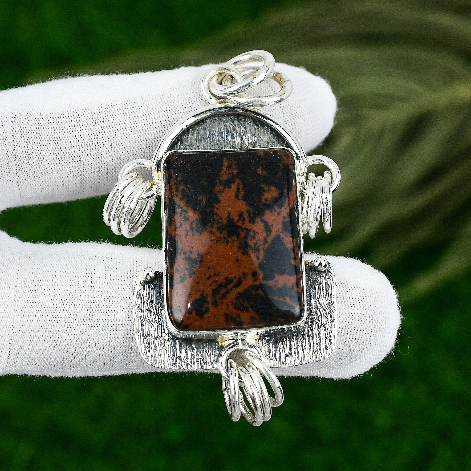 Натуральный Обсидиан Махагони Камень Подвеска Коричневый 925 Стерлинговое Серебро Ювелирные Изделия