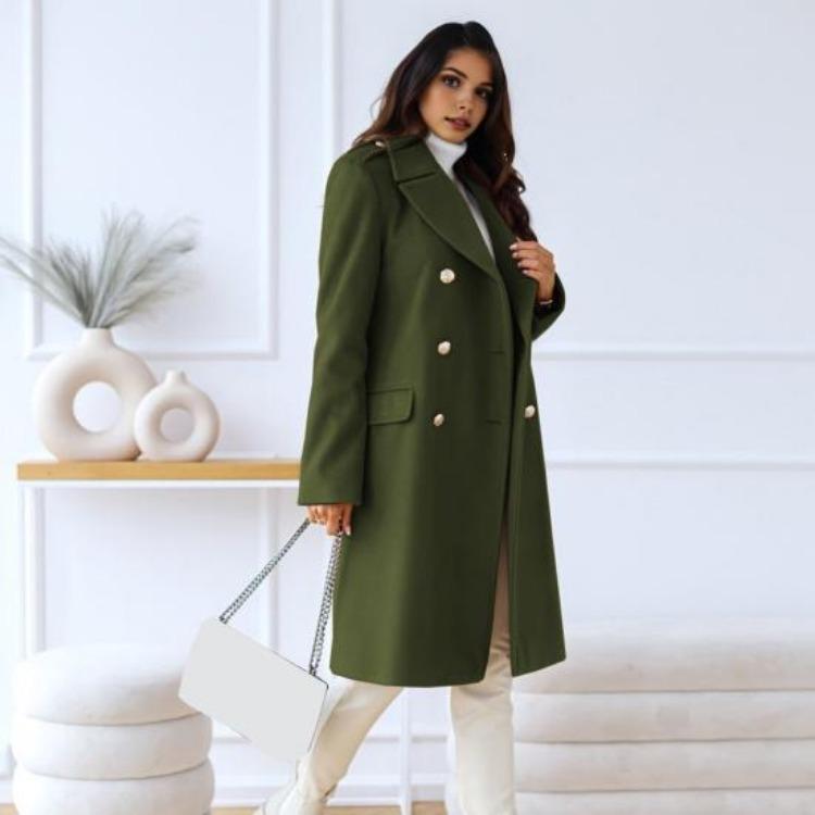 Winter Coat Women Double Breasted Overcoat Thermal Long Sleeves Loose Fit Turn Down Collar Pockets Pure Color Commuting Dating