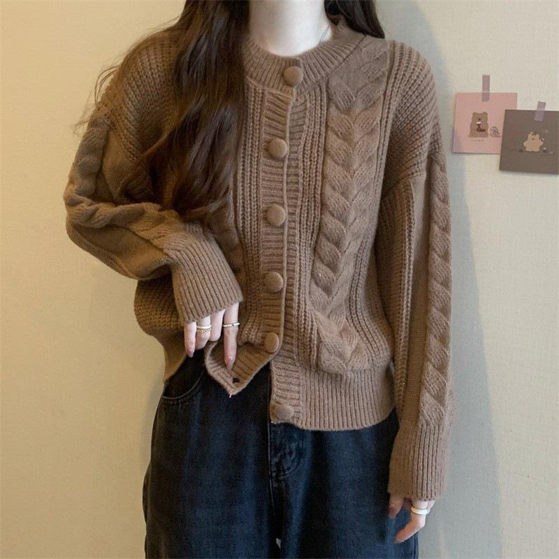2025 Autumn/Winter Korean Style Thick Cable Knit Cardigan Sweater for Women