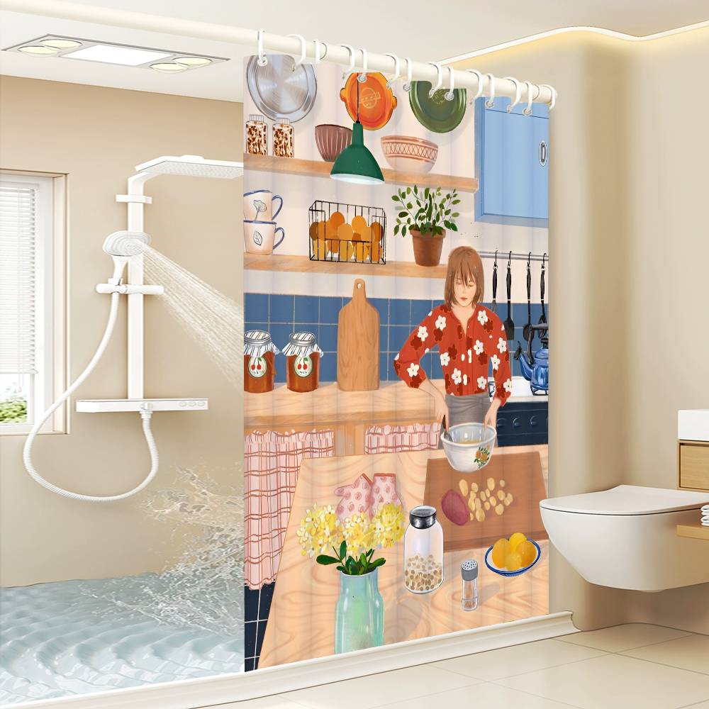 Söta Duschdraperier för Kökstjejer 180cm Polyester Modern Stil Badrumsgardin Med Krokar Vattentätt Roligt Duschdraperi