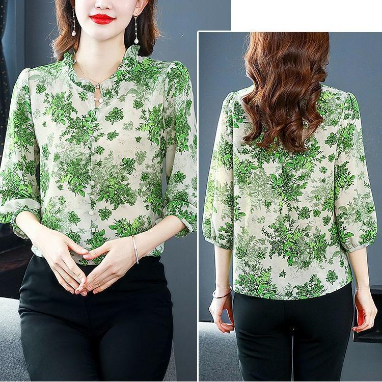 Geblümtes Chiffon-Hemdoberteil für Damen, Frühling/Sommer, bedruckt, schick, süß, lässig, Laterne, halbe Ärmel, Bluse, Blusas