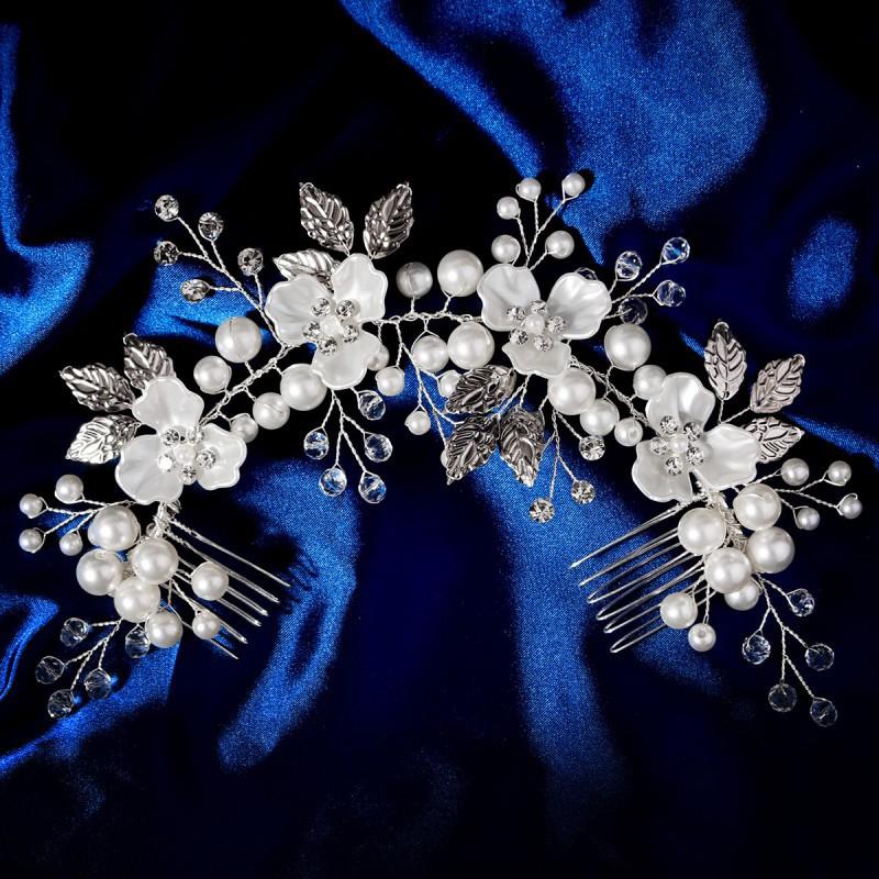 

White Acrylic Flower Double Comb Hair Band Pure Handmade Crystal Pearl Wedding Banquet Honeymoon Travel Photography Accessories