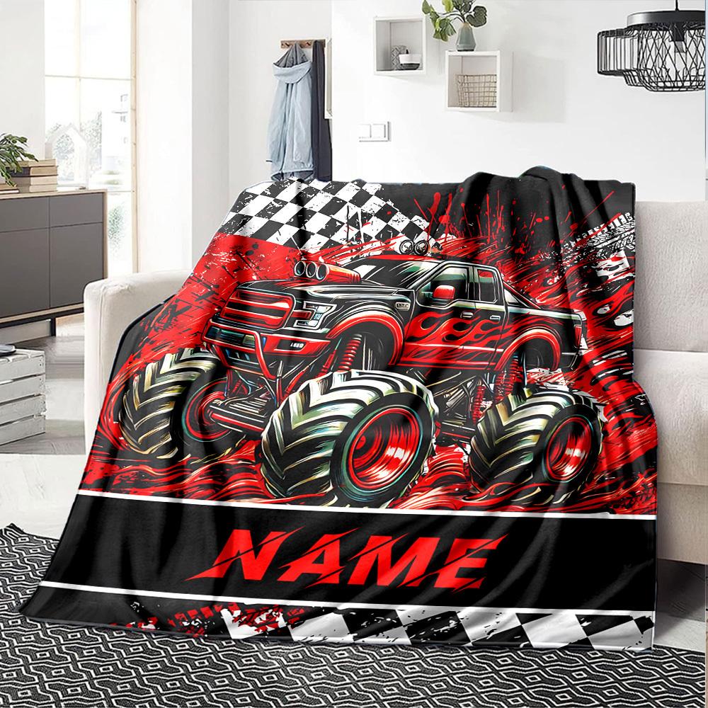 Racing Monster Truck Home Customize Your Name Blankets Comfortable Soft Lightweight Multiseason Blanket For Picnics Sofas Offices Beds Living Rooms