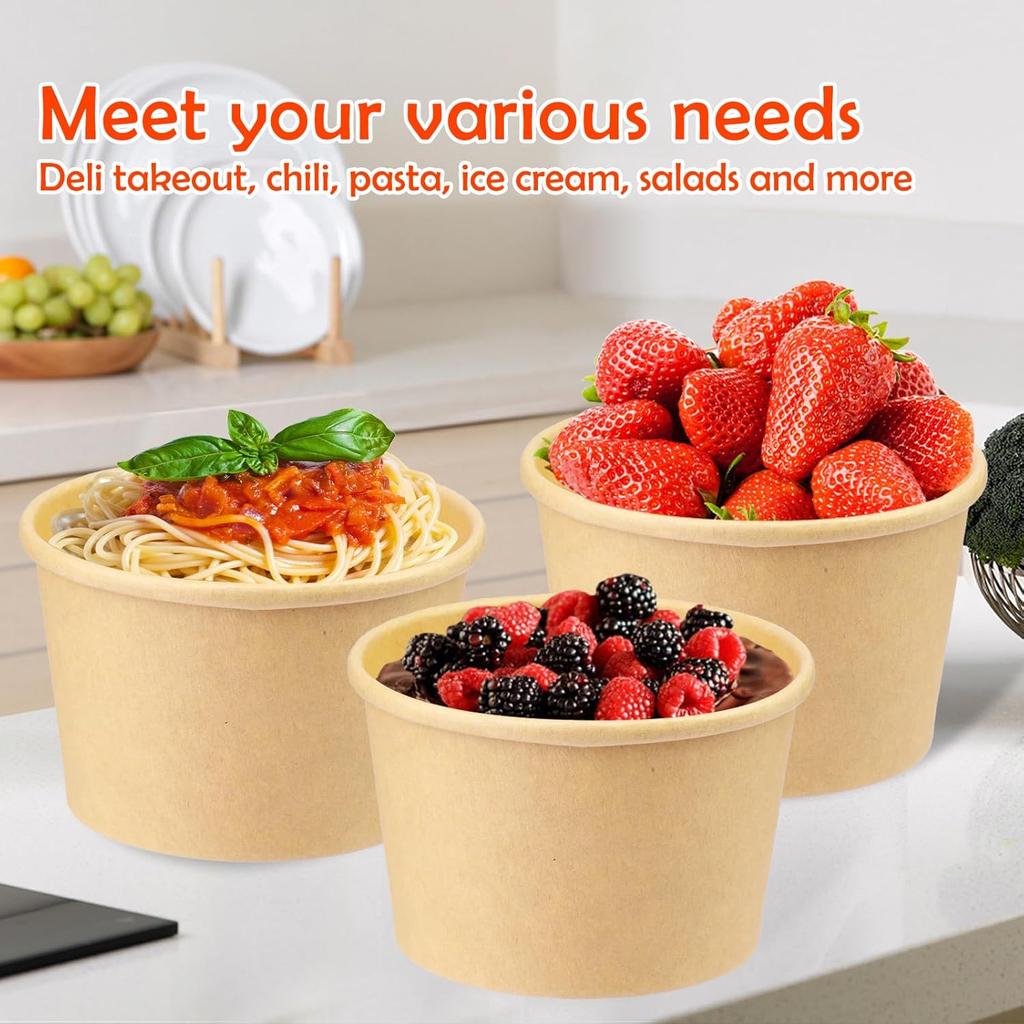 8 Oz 75 Pack Paper Soup Containers with Lids, Disposable Kraft Food Cups, Soup Cups Paper Ice Cream Cup, Dessert Cup, Yogurt Ice Cream Containers.