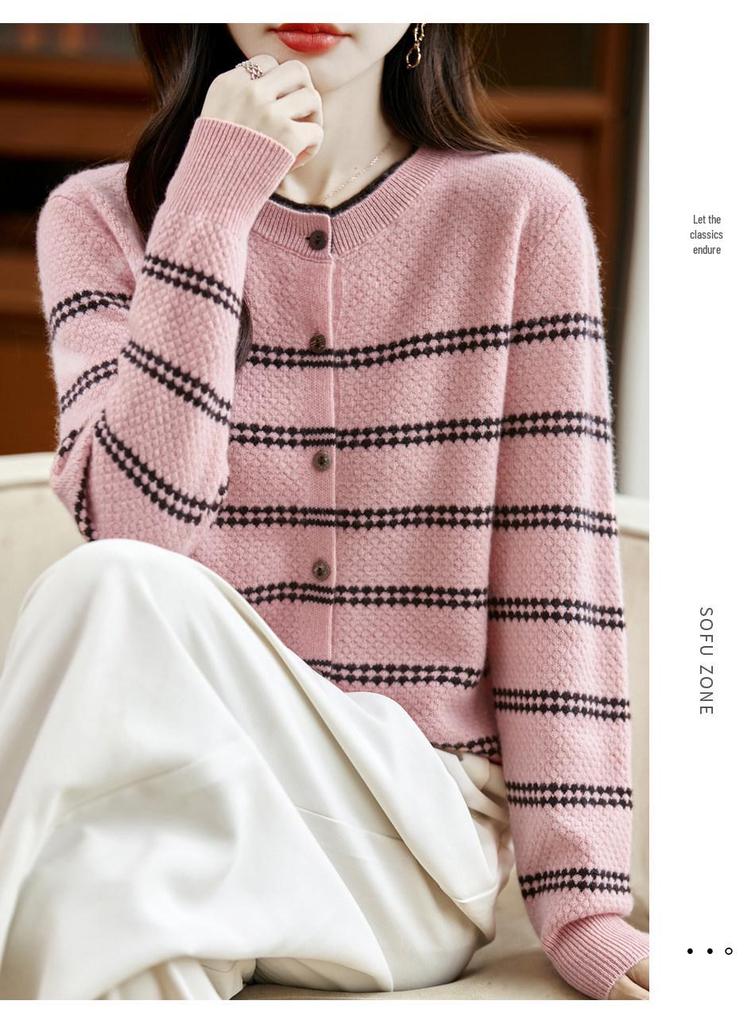 Women's Color Block Pure Wool Knit Cardigan - Round Neck, Loose Fit, Warm Striped Sweater for Autumn and Winter