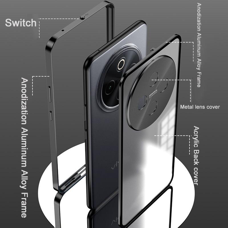 Elastic Snap Magnetic Metal Bumper Frame Case for Vivo Y300 Pro 5G 6.77" Clear Frosted PC Camera Lens Protector Back Cover