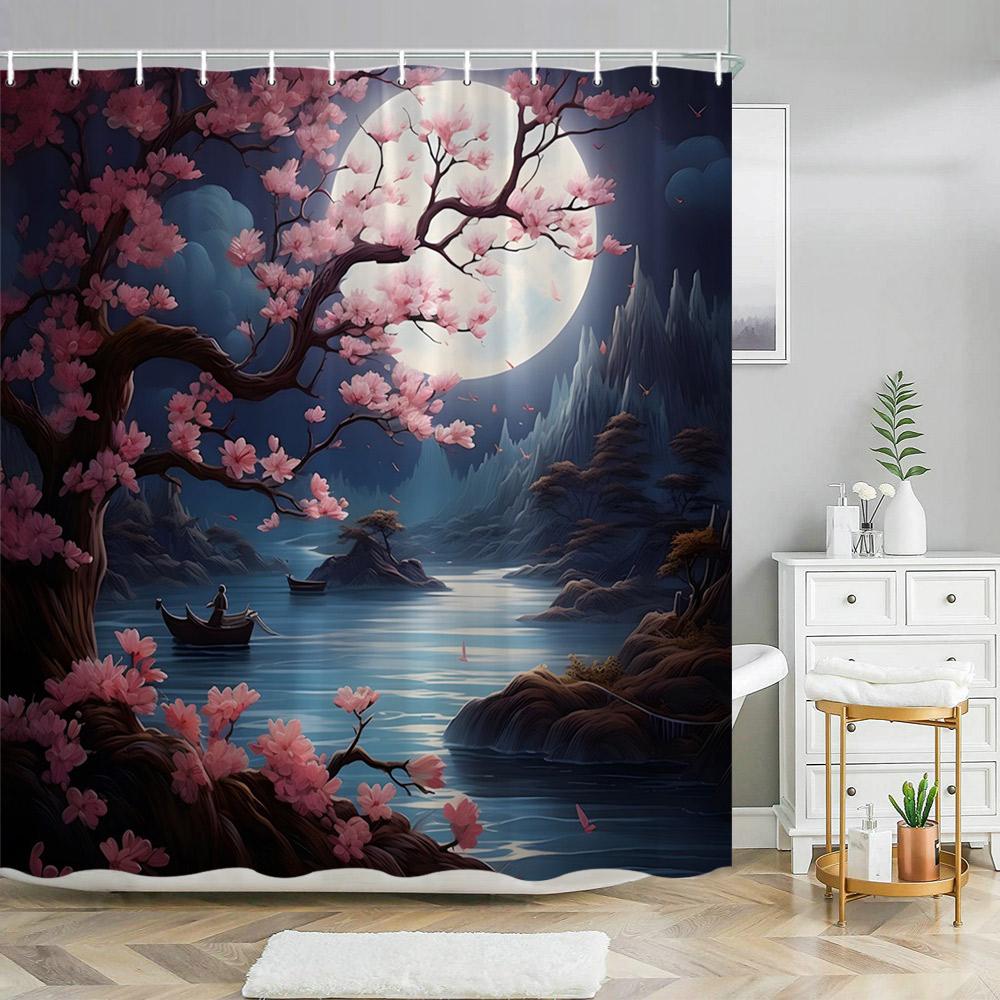 Chinese Landscape Shower Curtain Ink Painting Bamboo Landscape Cherry Blossom Writing Landscape Shower Curtains Bathroom Decor