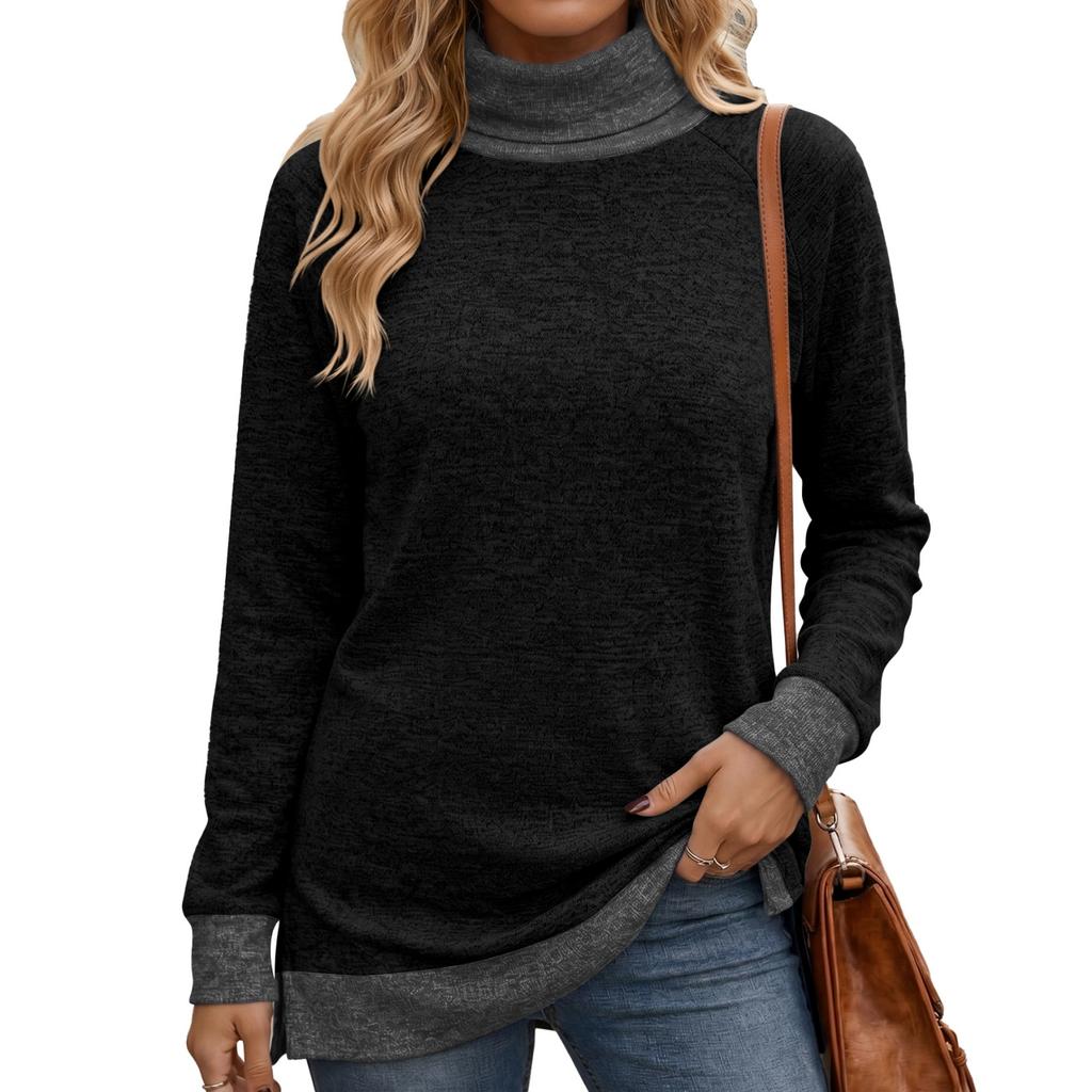 Women's Color High Neck Long Sleeve Loose Fit T-Shirt with Side Slit