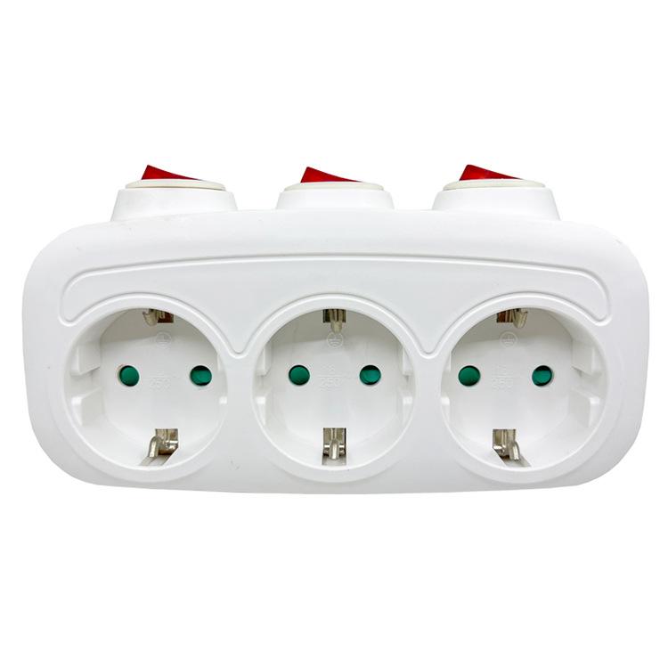 Independent Switch EU Schuko Triple Outlet Power Expansion Plug 1 to 3 Wall Socket Adapter Power Splitter For home