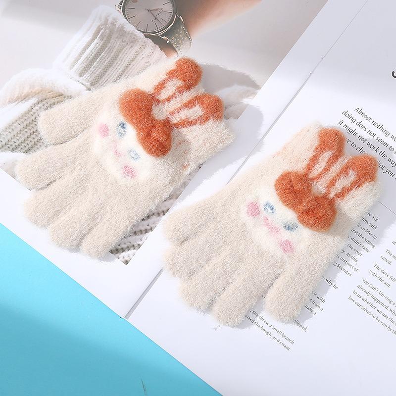 Cute Children's Wool Knitted Warm Gloves Winter Cold Protection Thickened Five Fingers Go To School Writing Play Snow Cycling