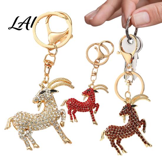 Sparkling Goat Keychain with Rhinestone Golden Plated Sheep Alloy Keyring Bling Animal Pendant for Backpack Handbag Charm Theme