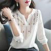 Frauen Frühling Herbst Weiße Blusen Dame Casual Stickerei V-ausschnitt Langarm Vintage Lose Blusas