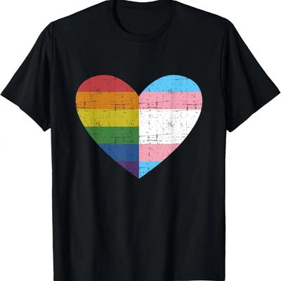 Heart with Rainbow and Transgender Flag for Pride Month T-Shirt,100% Cotton
