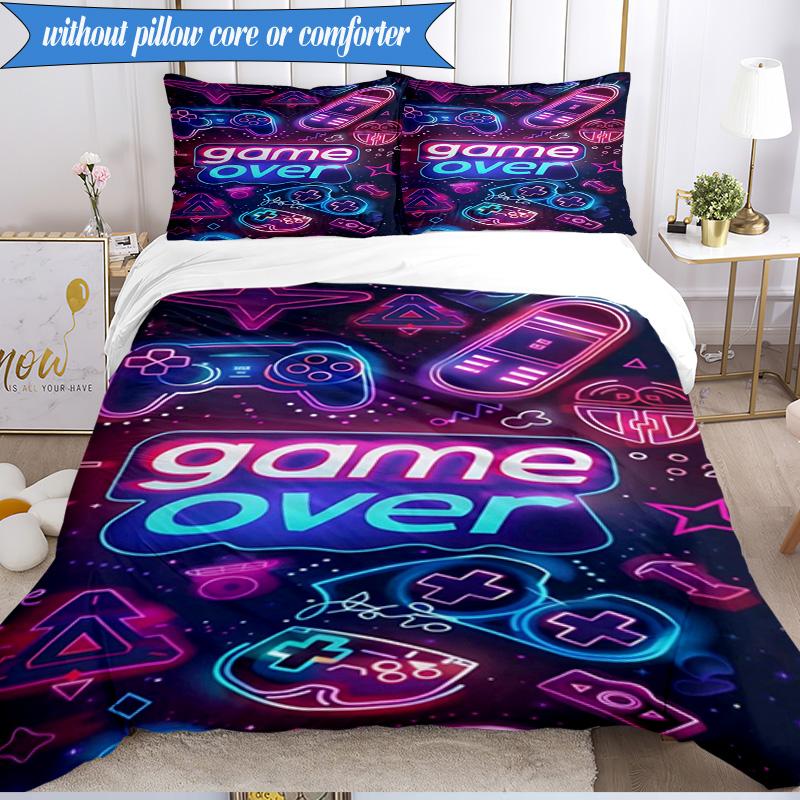 3PCS Neon Game Over Art Bedding Set,Including 1pc Duvet Cover And 2pcs Pillowcases Perfect for Bedroom, Dormitory, Fan Christmas Gift