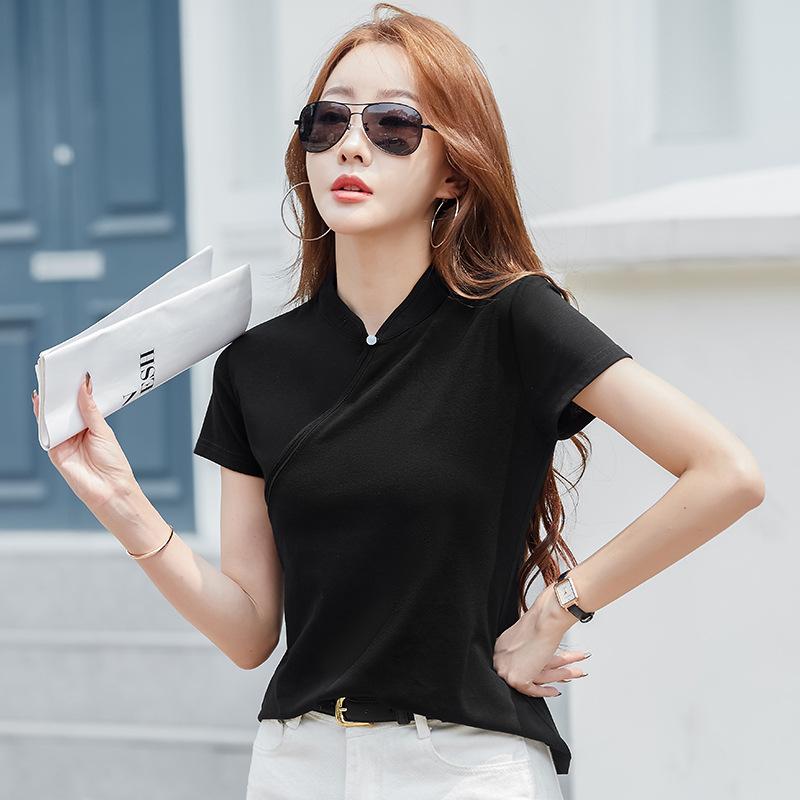 Summer Women's T-shirt Chinese Style Slim Standing Collar Short Sleeve Top