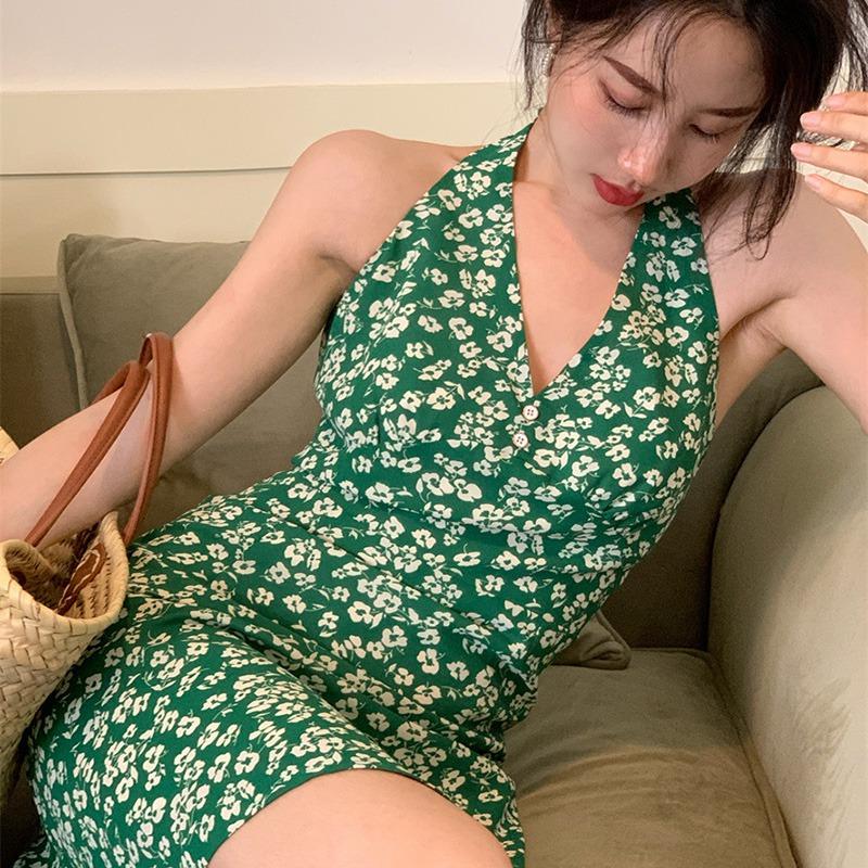 Kleid Rückenfrei Schlanke Hüften Bedeckt Kurzer Rock V-Ausschnitt Blumen