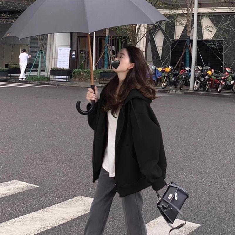 Korejský Oversized Mikinový Svetr s Kapucí pro Ženy - Podzim/Zima Sametový Silný Top v Uvolněném Stylu