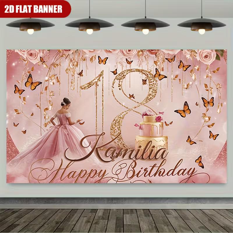 

Pink Gold 18th Birthday Backdrop, Princess Butterfly Party Photo Background Banner for Girls 47.2x31.5inch/120*80cm