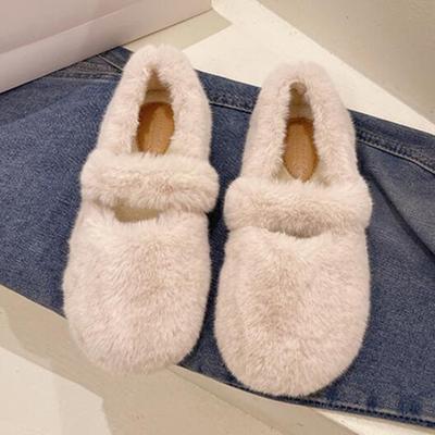 Fashion 2025 Fairy Fur Belt Mary Jane Shoes Woman Winter Cotton Ballets Rabbit Hair Loafers Femme Warm Fluffy Fur Flats Ladies Mocasines