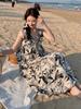 New French suspender ink painting floral beach dress women's summer outer wear texture temperament