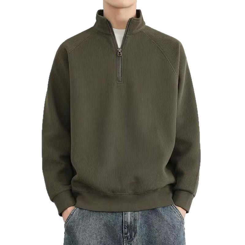 Men's American Style Half-Zip Stand Collar Knit Sweatshirt - Solid Color Casual Jacket for Spring and Autumn