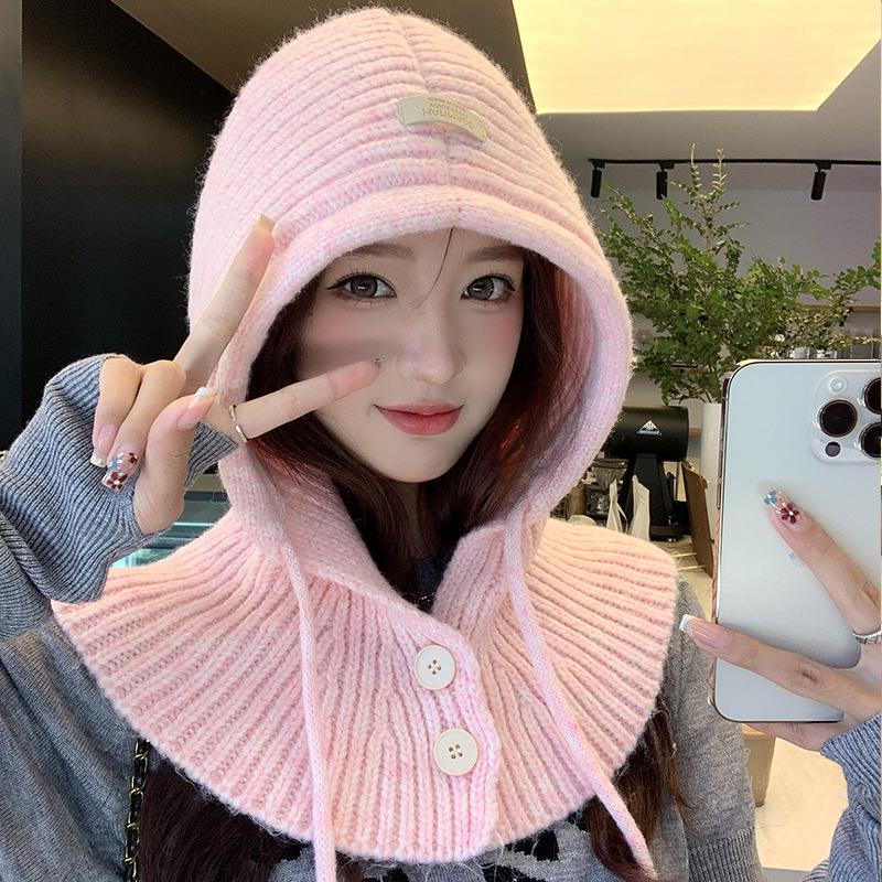 

Балаклава жіноча осіння та зимова великого обхвату голови в язана з капюшоном шарф-шаль інтегрована теплозахист вух вовняна шапка not picky рожевий