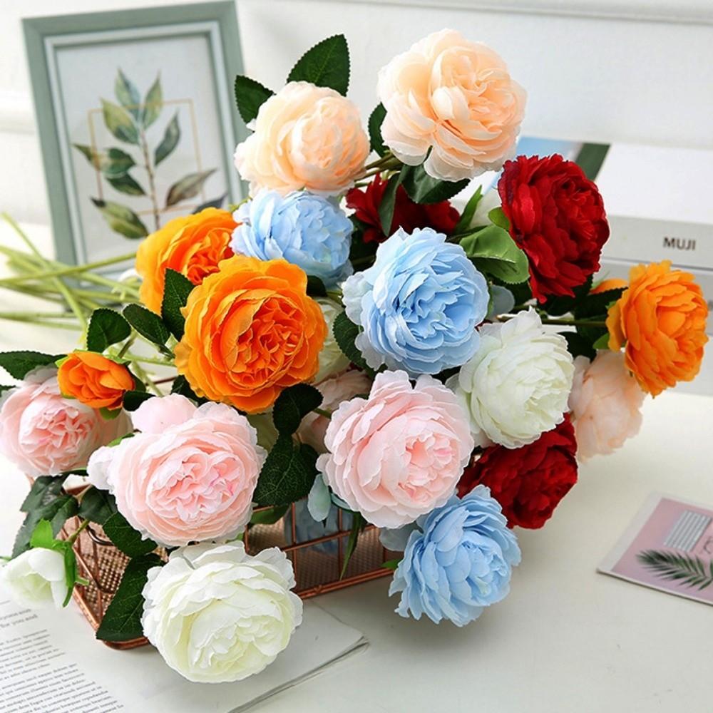 European 3heads Peony Multicolors 48*8cm/65cm Bridal Bouquet Flowers PINK Fake Peony Flower Wedding Table Decoration