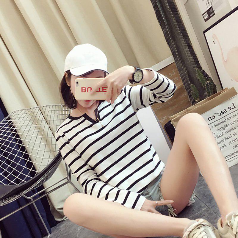 

Женские повседневные свободные топы с длинным рукавом и V-образным вырезом в полоску L