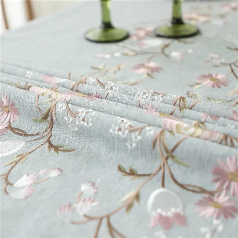 Floral Embroidery Tassel Tablecloth, Cotton Linen, Dust Proof Table Cover, Kitchen, Dining Room,Home Party, Tabletop Decor