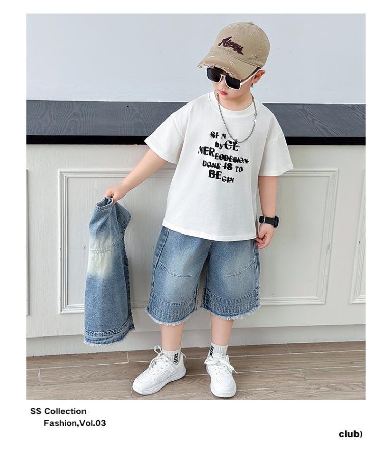 Boys' Summer Denim Vest & Printed Tee Shorts Set - Cool American Style 2026