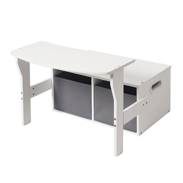 GINGER HOME – Banc enfant 3 en 1 avec bureau et rangements | Bois blanc et gris | Siège, table et coffres de rangement