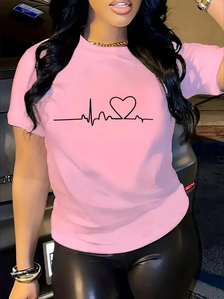 Heart Print Tshirt Short Sleeve Crew Neck Casual Summer Summer Short Sleeved Harajuku Streetwear Tops Tees Aesthetic Clothes