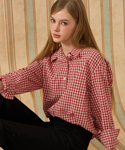 KOLEAT Daily Brushed Fleece Classic Oversized Gingham Check Shirt [Red] Long Sleeve T-Shirt Ver.