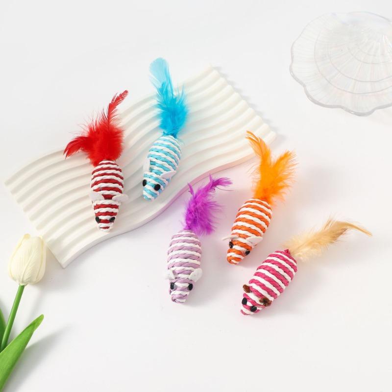 Colorful Striped Rope Mouse Cat Toys With Feather Tails (5-Pack)