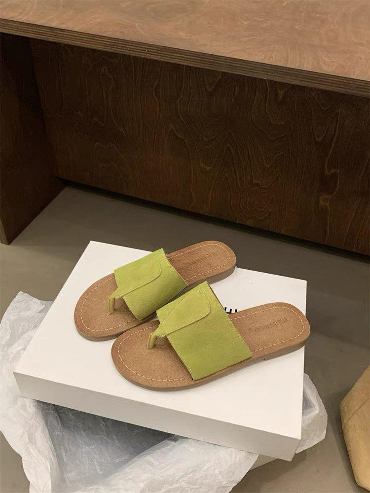 Soft leather version~ retro one-word slippers for women to wear 2025 summer new Mori casual niche flat toe drag