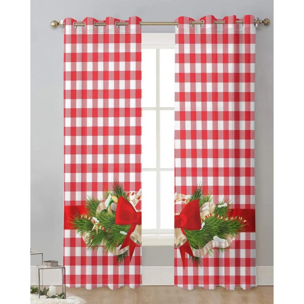 Christmas Red Plaid Bow Yarn Curtain Window Tulle Drapes For Living Room Cooking Area Sheer Window Treatments Voile Drapes