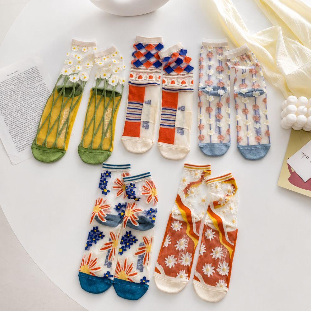 Sweet Floral Print Mid-calf Socks Ultra-Thin Crystal Silk Socks  Casual Wear