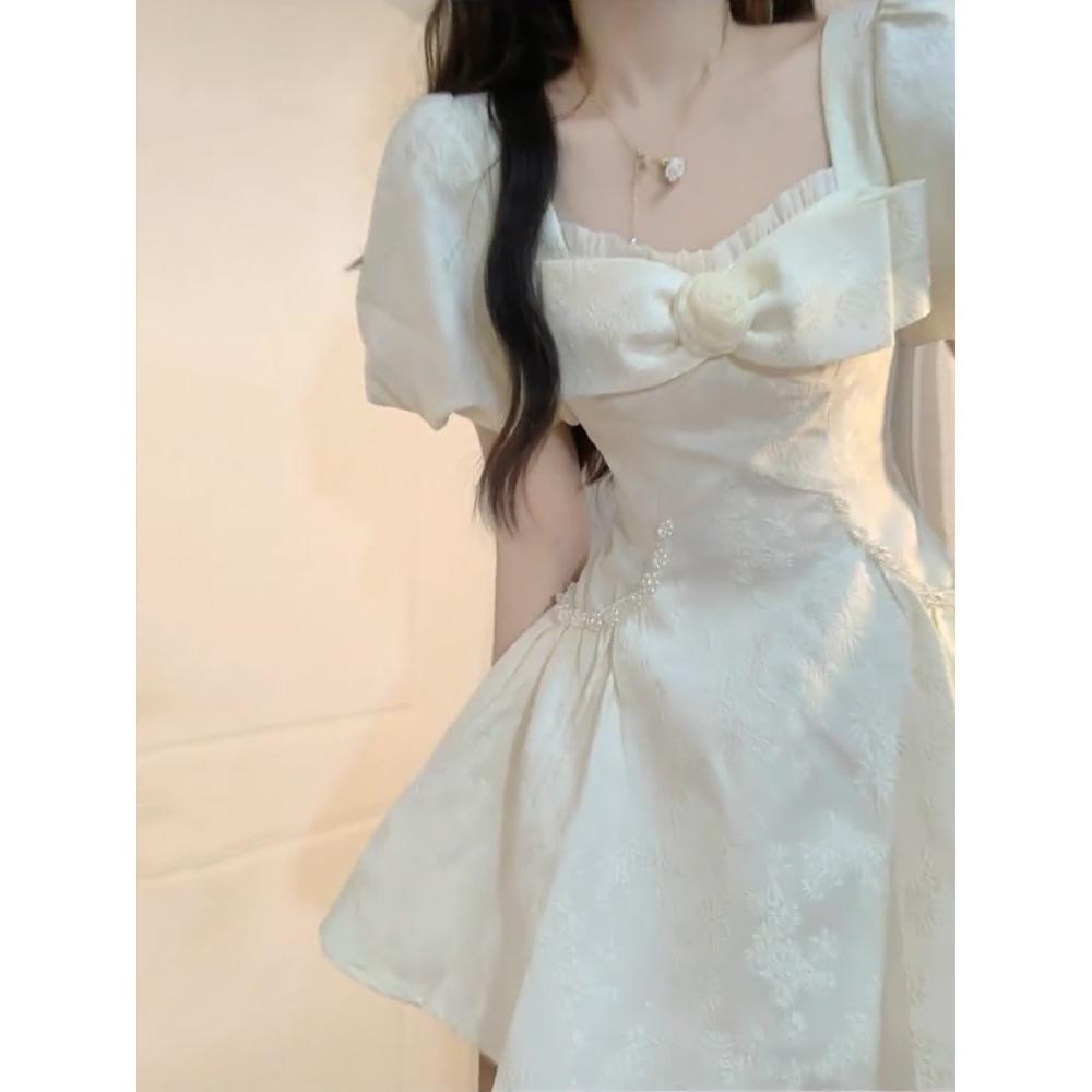 Petite Puff Sleeves Jacquard Princess Dress, Summer Square Neck Bow Dress, Fairy Puffy Dress