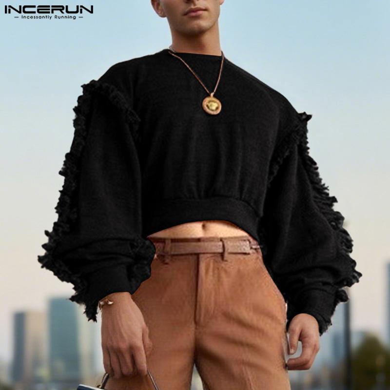INCERUN Autumn Men Round Neck Long Sleeve Texture Tassel Hem Casual Cropped Pullover Tops