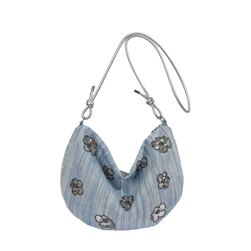Niche flower sequined bag women's summer new denim bag fashion versatile commuter shoulder messenger bag